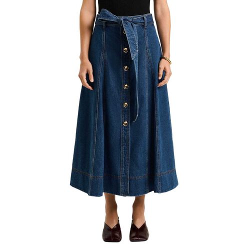 Veronika Maine Cotton Denim Belted Midi Skirt